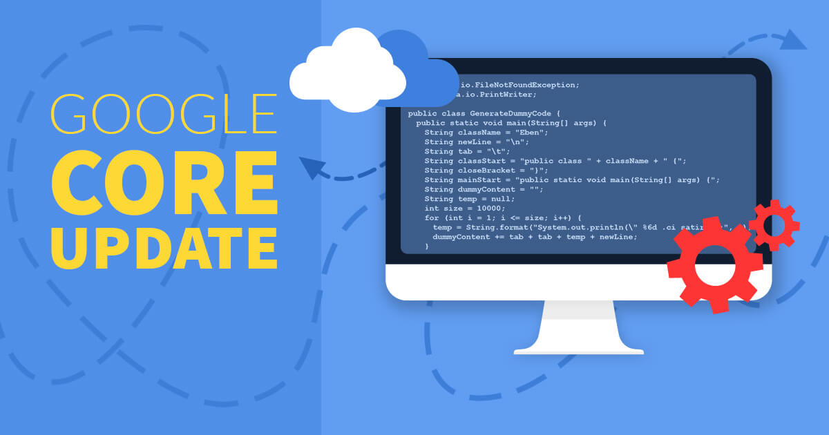 mpunkt Blogbeitragsgrafik Google Core Update Code-Editor auf Bildschirm