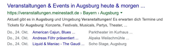 mpunkt screenshot 1 Suchergebnis mit einem Rich Snippet mit Terminen zu Veranstaltungen von meinestadt.de