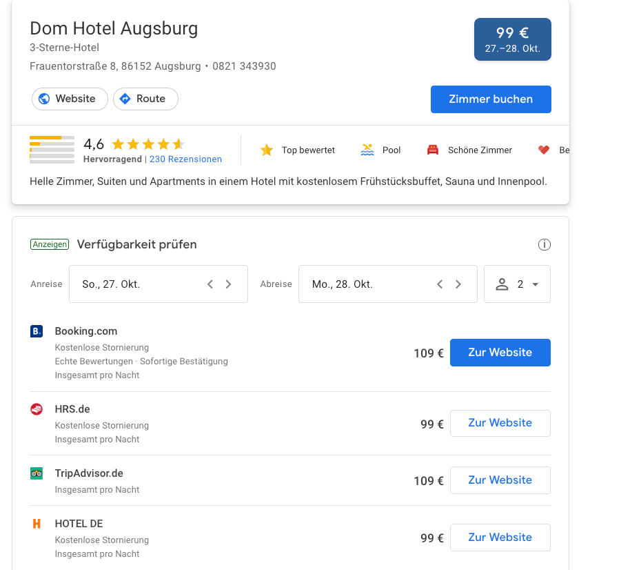 mpunkt screenshot 4 bezahlte Werbeanzeige mit strukturierten Daten zur Zimmerverfügbarkeit und Preis beim Hotel  Dom Hotel Augsburg